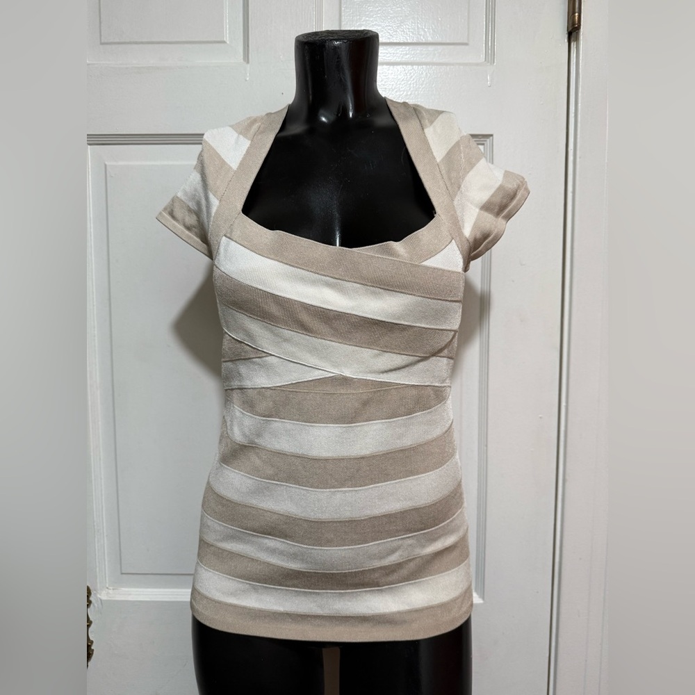 White House Black Market White Cream Short Sleeve Stretchy Shirt Size Small